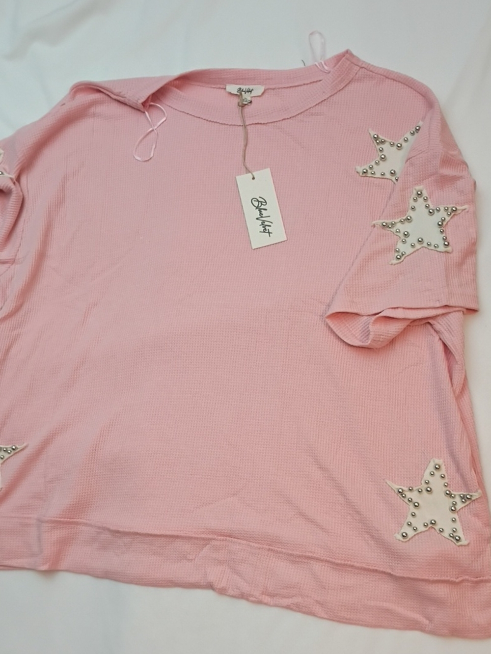 Blue Velvet XL Pink Short-Sleeve Top with Studded Star Appliqués P44